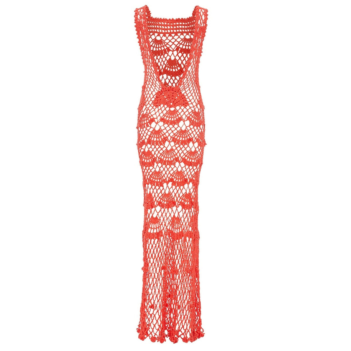 The Coral Shell Handmade Maxi Crochet Dress by ANDREEVA is a sleeveless, long red dress featuring intricate open-knit patterns and floral motifs—fitted at the bodice, flaring at the hem, for effortless coastal elegance.