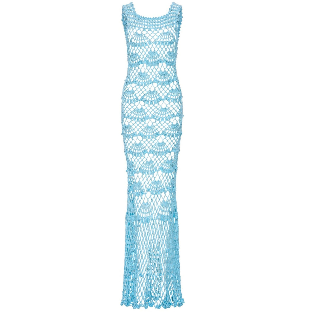 The ANDREEVA Aqua Shell Handmade Maxi Crochet Dress is a sleeveless, light blue open-knit floor-length dress with scalloped patterns, a fitted silhouette, and a flared hem for an elegant crochet look.