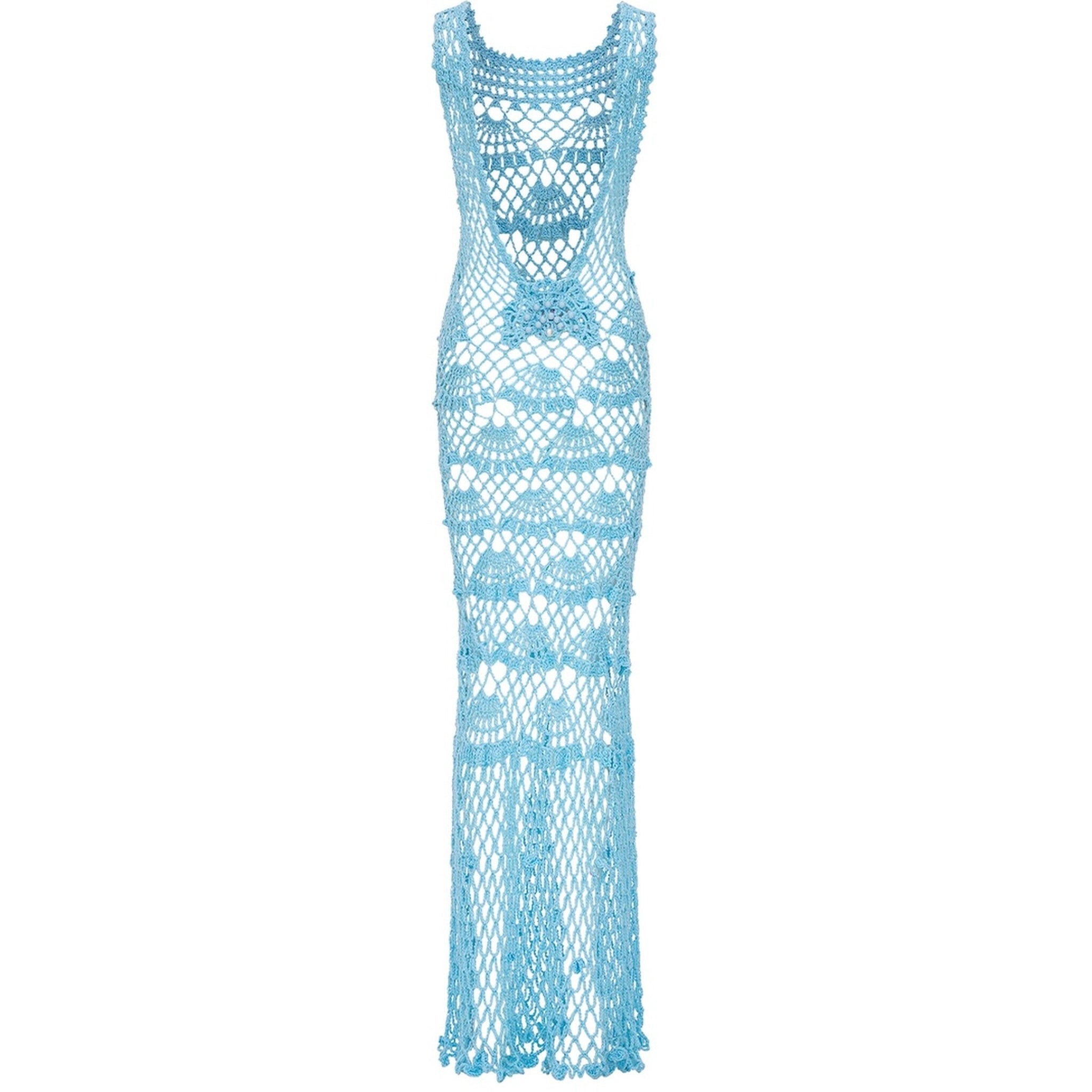 The ANDREEVA Aqua Shell Handmade Maxi Crochet Dress is a sleeveless, floor-length light blue dress with a fitted silhouette and an open net-like crochet pattern.