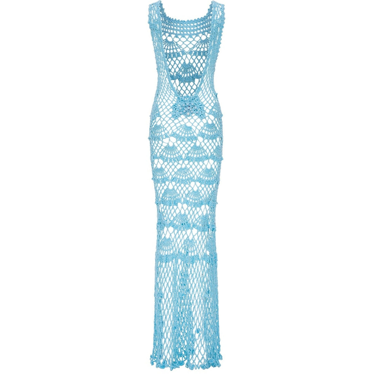 The ANDREEVA Aqua Shell Handmade Maxi Crochet Dress is a sleeveless, floor-length light blue dress with a fitted silhouette and an open net-like crochet pattern.
