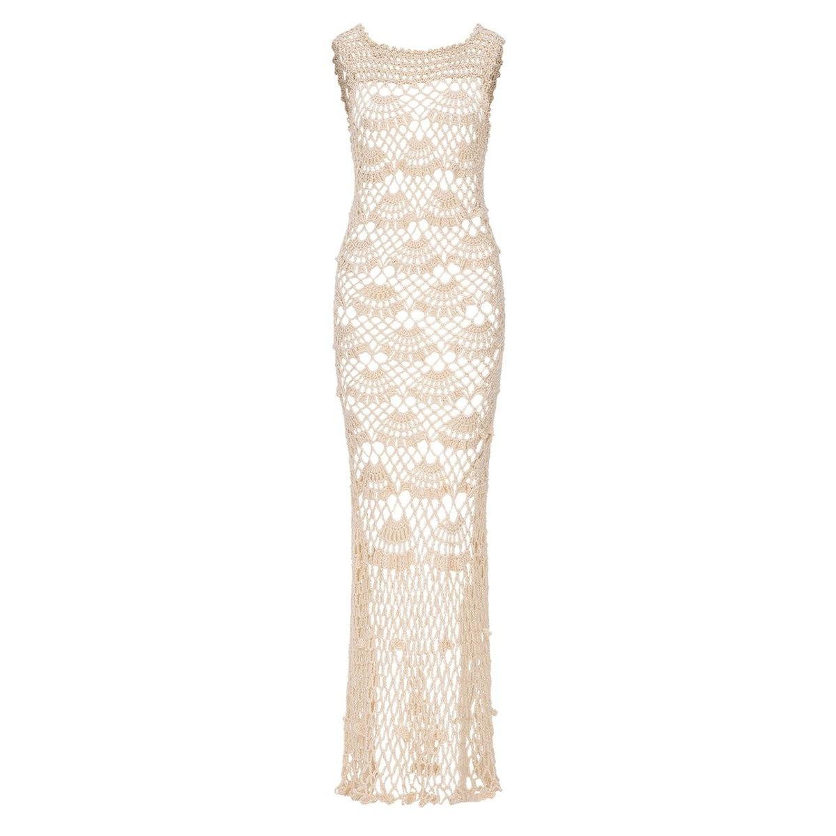 The ANDREEVA White Pearl Handmade Maxi Crochet Dress is a sleeveless, long white dress featuring an open-knit design, fitted silhouette, and intricate crochet details throughout.