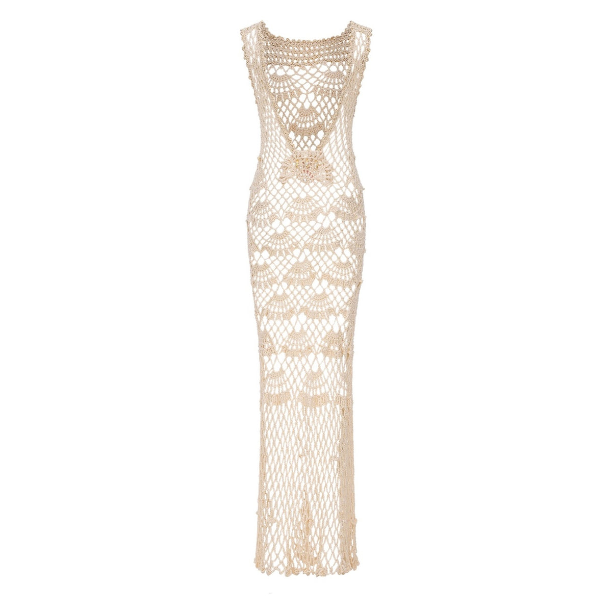 The ANDREEVA White Pearl Handmade Maxi Crochet Dress features a sleeveless, floor-length design with an open crochet pattern and scalloped details, shown against a white background.
