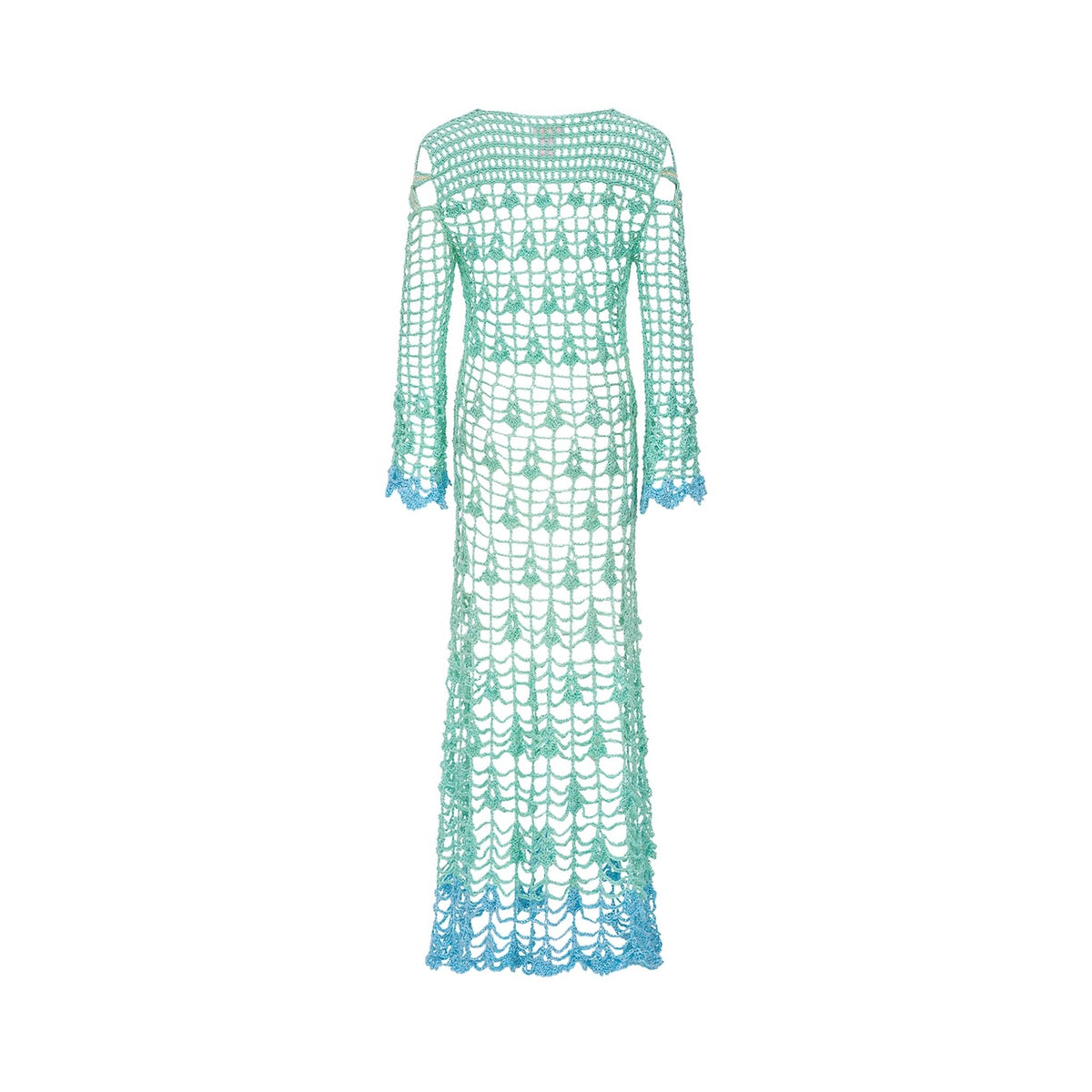 The ANDREEVA Aqua Marine Handmade Maxi Cover-Up Dress showcases wide sleeves and an open, net-like pattern in teal and blue Brazilian cotton, displayed on a white background.