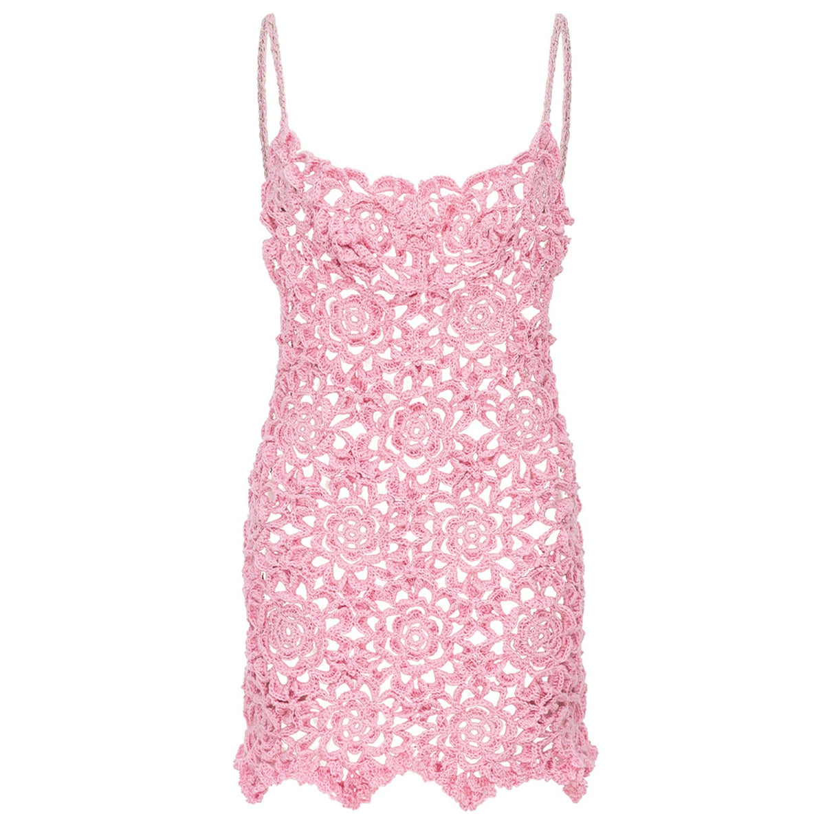 The Pink Pearl Handmade Crochet Mini Dress by ANDREEVA is a sleeveless, short pink dress with floral patterns and scalloped edges, crafted from mercerized Brazilian cotton with open crochet detailing.