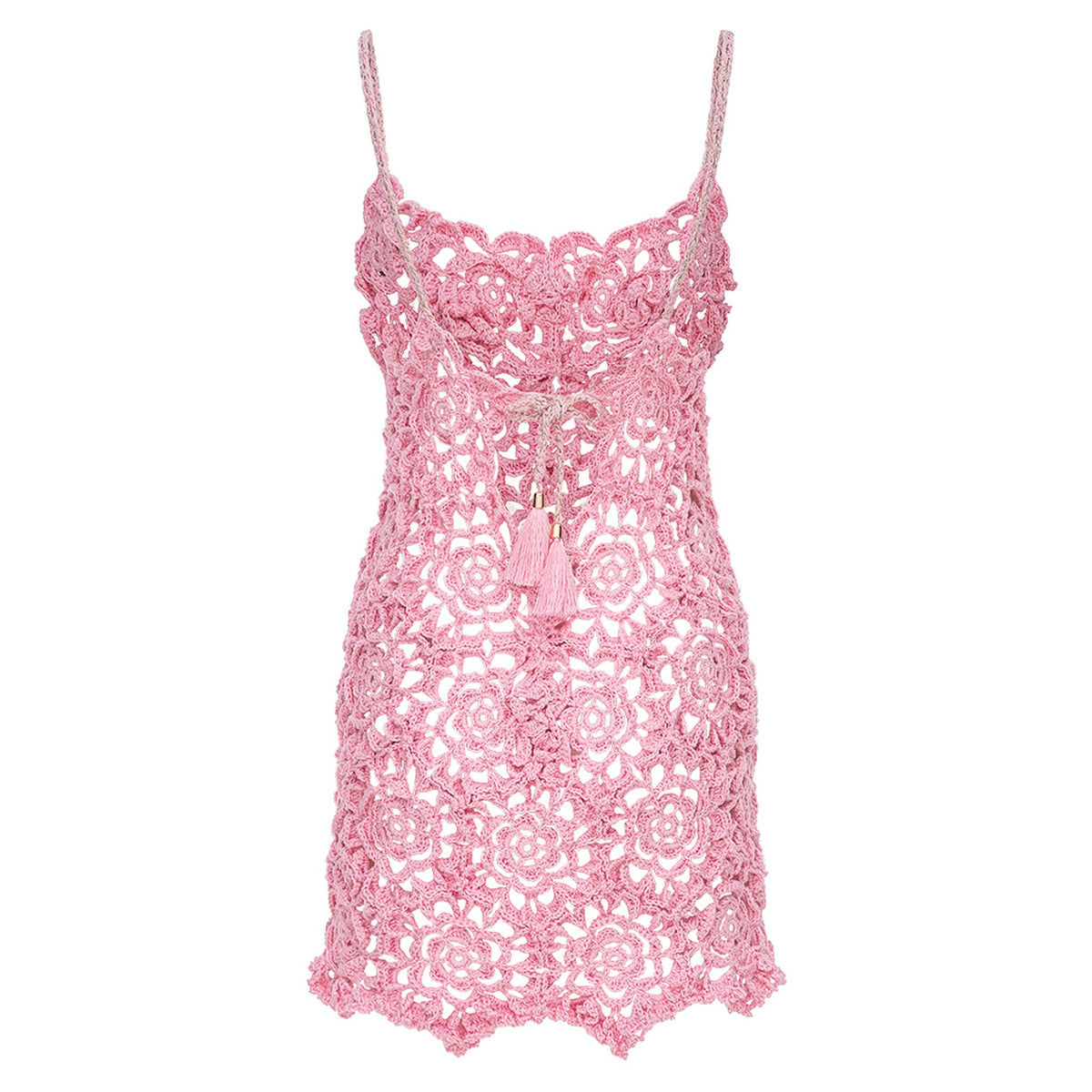 The Pink Pearl Handmade Crochet Mini Dress by ANDREEVA features pink crochet, spaghetti straps, floral lace, a scalloped hem, open back, and a tie-front with tassels at the bust.