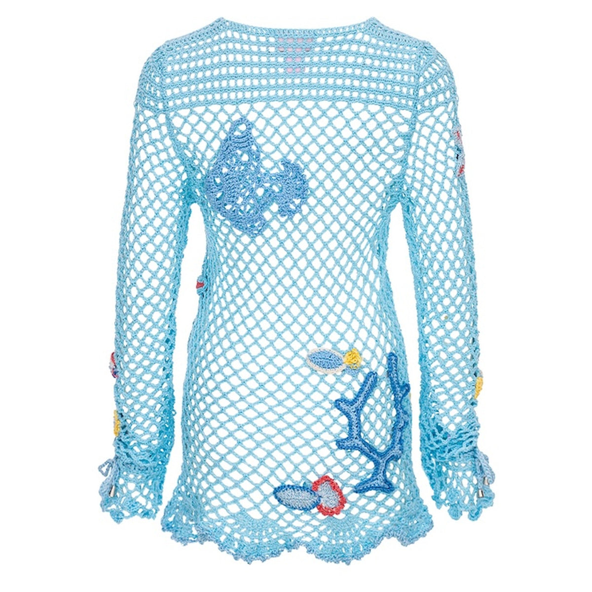 The ANDREEVA Aqua Marine Handmade Crochet Top-Cover Up is a long-sleeved, light blue cotton top with decorative blue, red, and yellow patches—ideal as a stylish cover up.