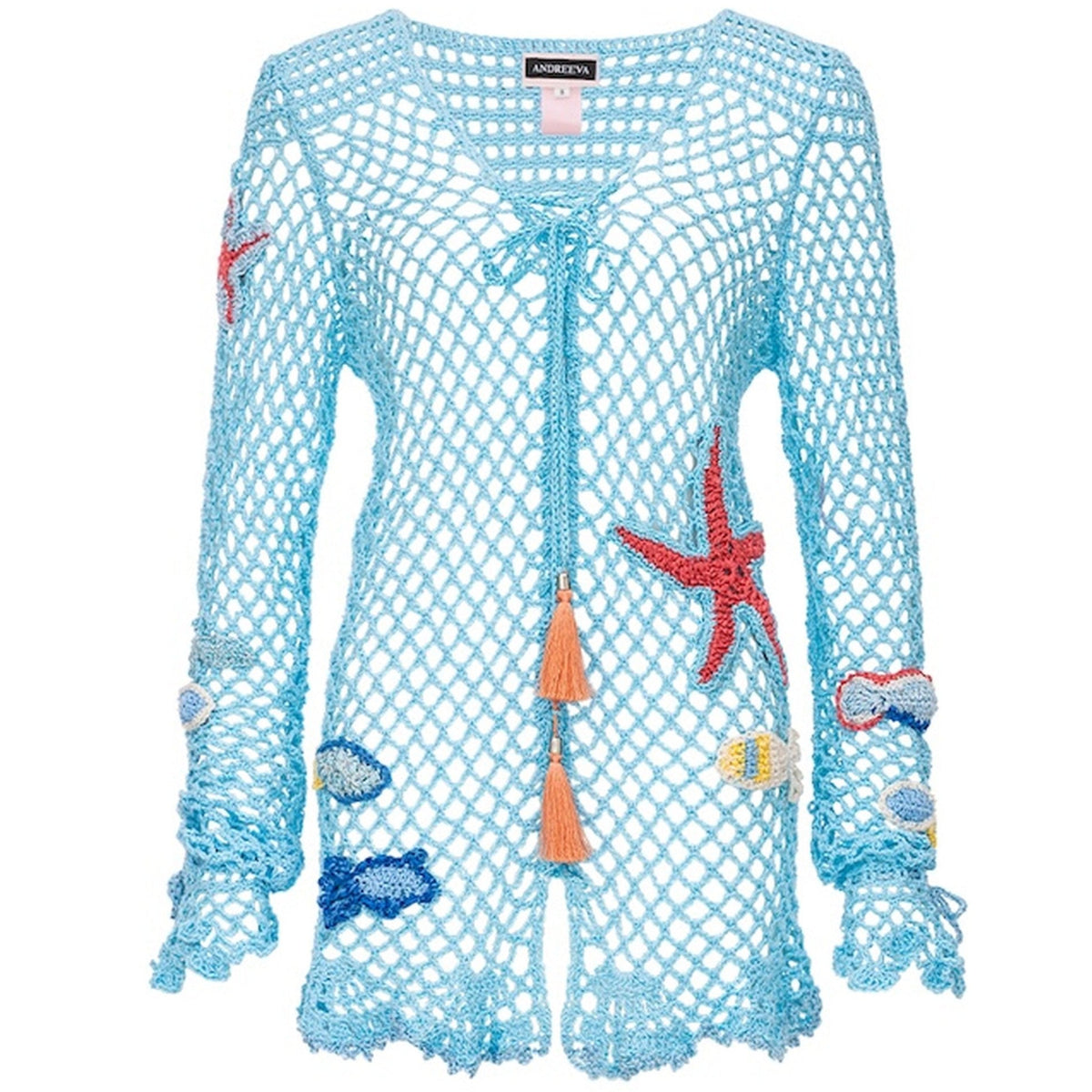 The ANDREEVA Aqua Marine Handmade Crochet Top-Cover Up is a light blue, open-knit cotton piece with long sleeves and sea-themed appliques—red starfish, orange tassels, and colorful fish. Perfect as a stylish beach cover up.