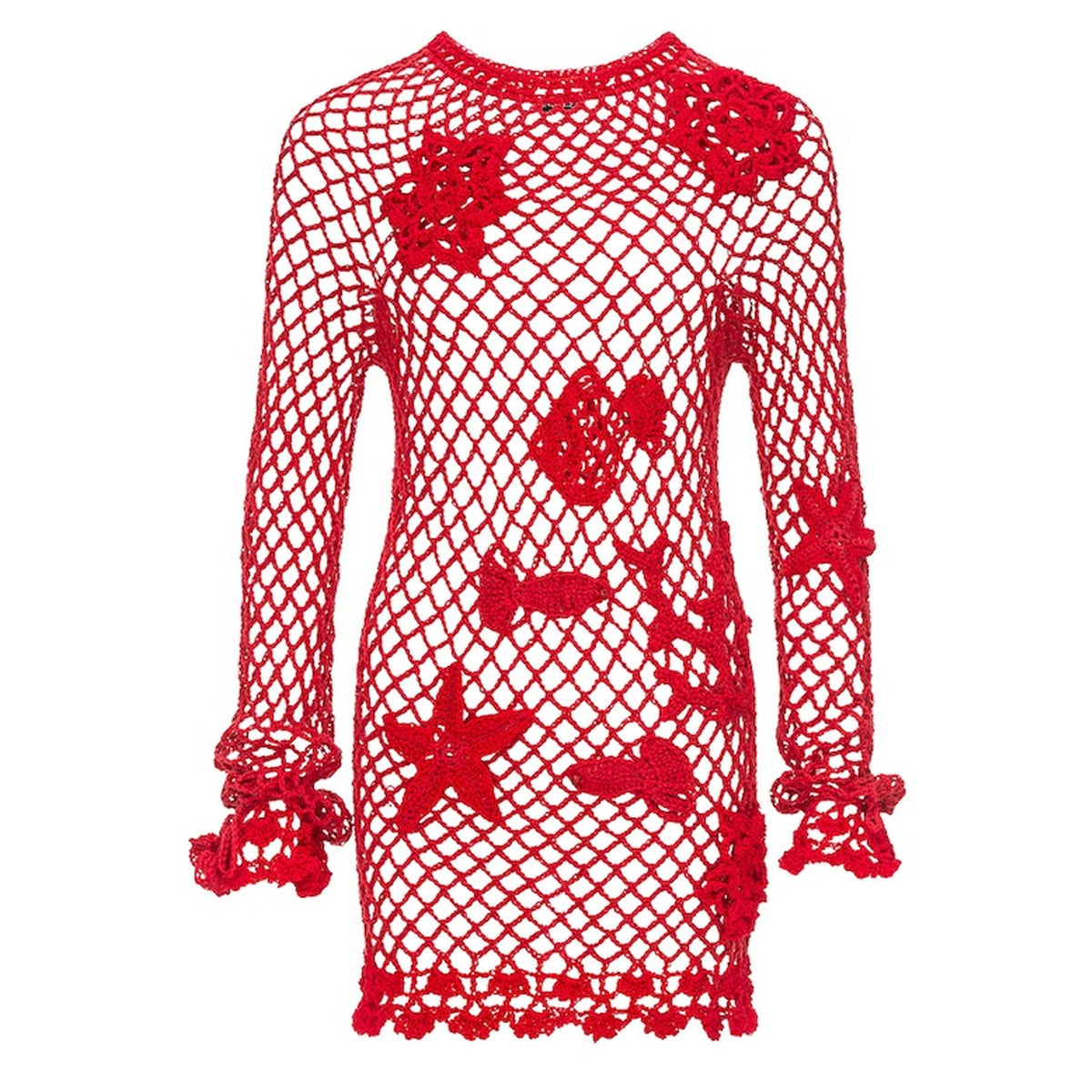 The ANDREEVA Cherry Handmade Crochet Top features a red net-like pattern with sea-inspired starfish and shell details, making it a charming cotton cover-up or beach layering piece.