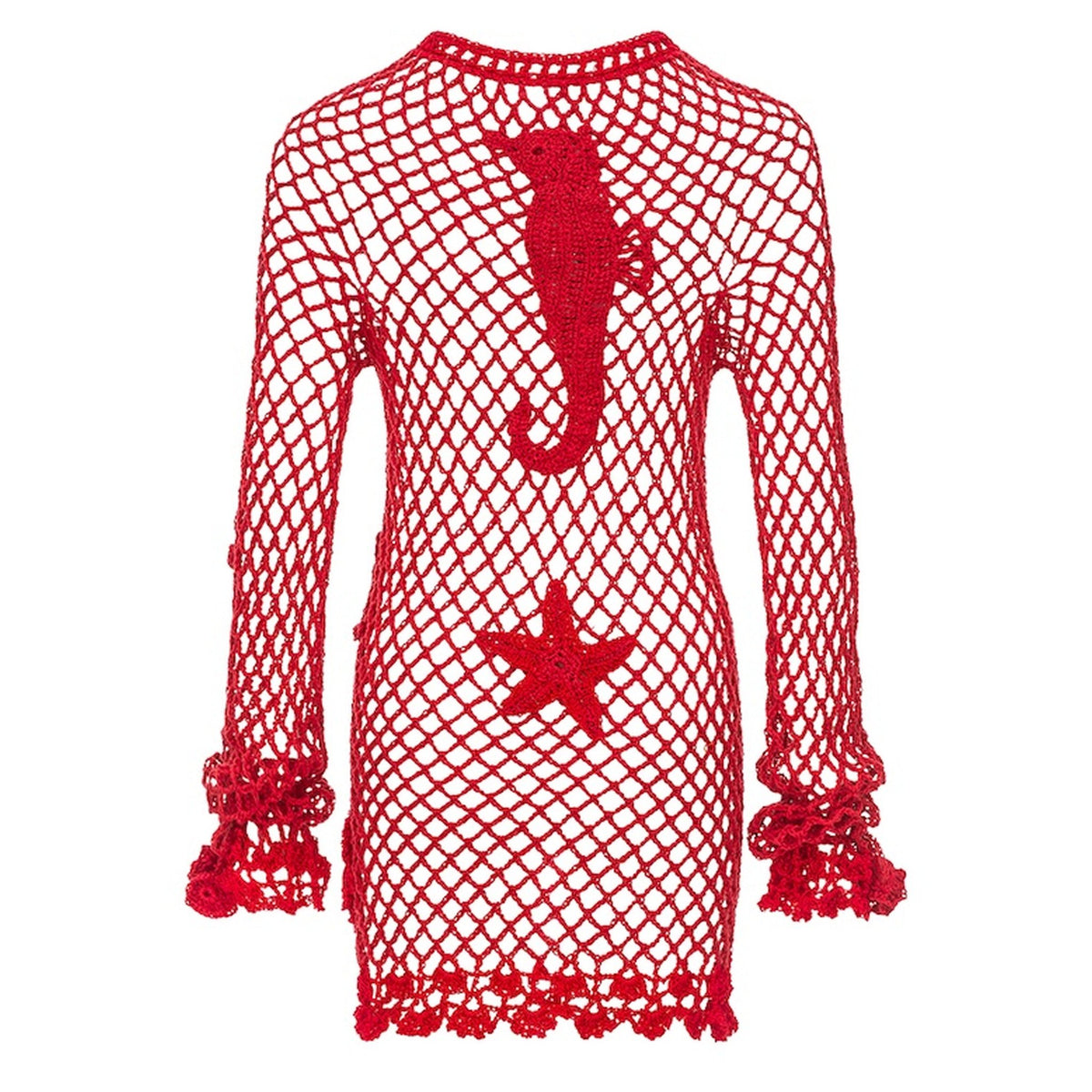 The ANDREEVA Cherry Handmade Crochet Top is a red, long-sleeve cotton cover-up with a see-through net design, showcasing a large seahorse and starfish motif on the back. Ruffled cuffs and hem add stylish flair to this unique beach layering piece.