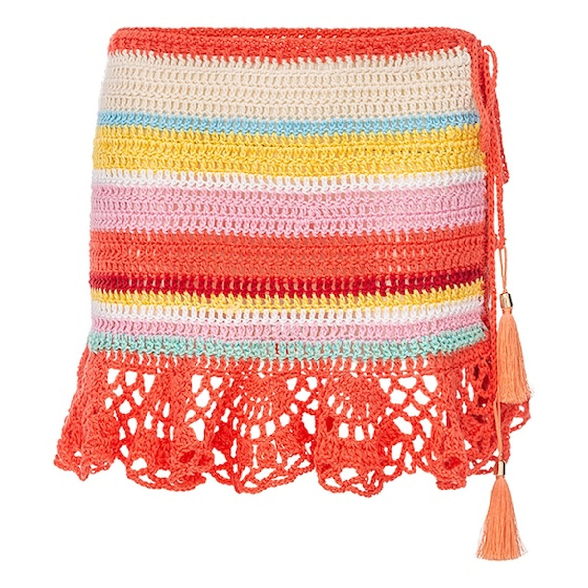 The ANDREEVA Coral Reef Handmade Crochet Mini Skirt features vibrant horizontal stripes and a red lace hem with a tasseled drawstring, making it an ideal bohemian summer piece.