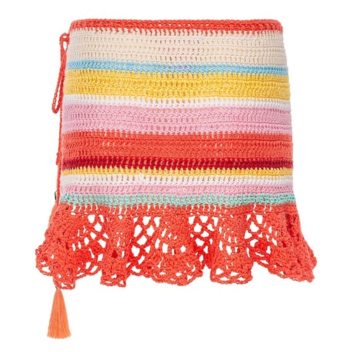 The Coral Reef Handmade Crochet Mini Skirt by ANDREEVA features colorful horizontal stripes and a coral lace trim with tassel—perfect for a bohemian summer look.