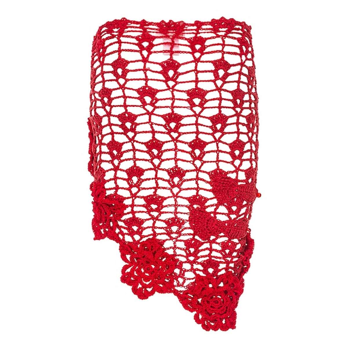 The Cherry Handmade Crochet Cover-Up by ANDREEVA features hand-crocheted lace in vibrant red, showcasing intricate floral and leaf patterns with a scalloped edge—an artisanal piece ideal as an elegant cover-up for any occasion.