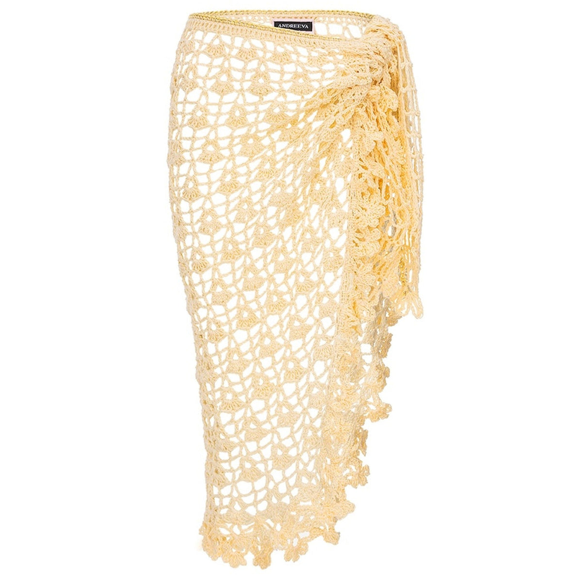 The ANDREEVA Beach Rose Handmade Crochet Cover-Up is a cream beachwear skirt with an asymmetrical hem, open weave design, and waistband label. Lightweight and elegant, it’s the ideal crochet resort wear accessory.