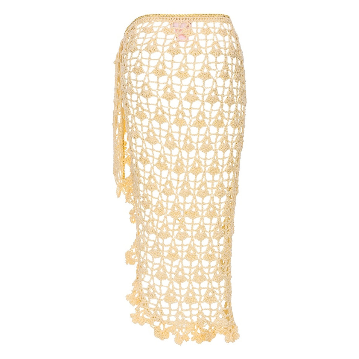 The ANDREEVA Beach Rose Handmade Crochet Cover-Up is a beige, see-through midi skirt with a scalloped hem and side tie, perfect for elevating your resort wear or as a stylish crocheted beachwear cover-up.