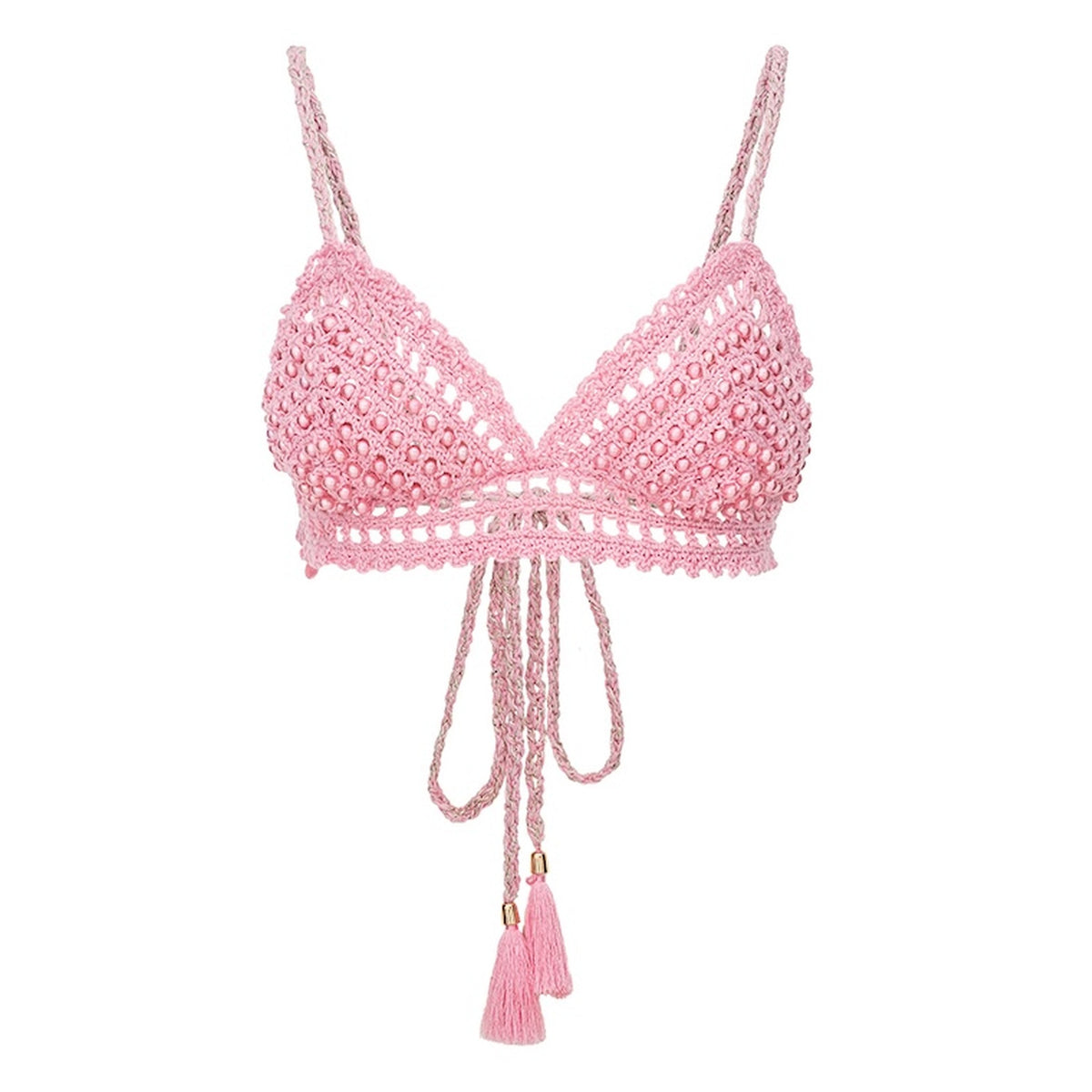 The Pink Pearl Handmade Crochet Bra by ANDREEVA features Brazilian yarn, beaded details, thin straps, and long tasseled front ties—a chic choice for resort wear.