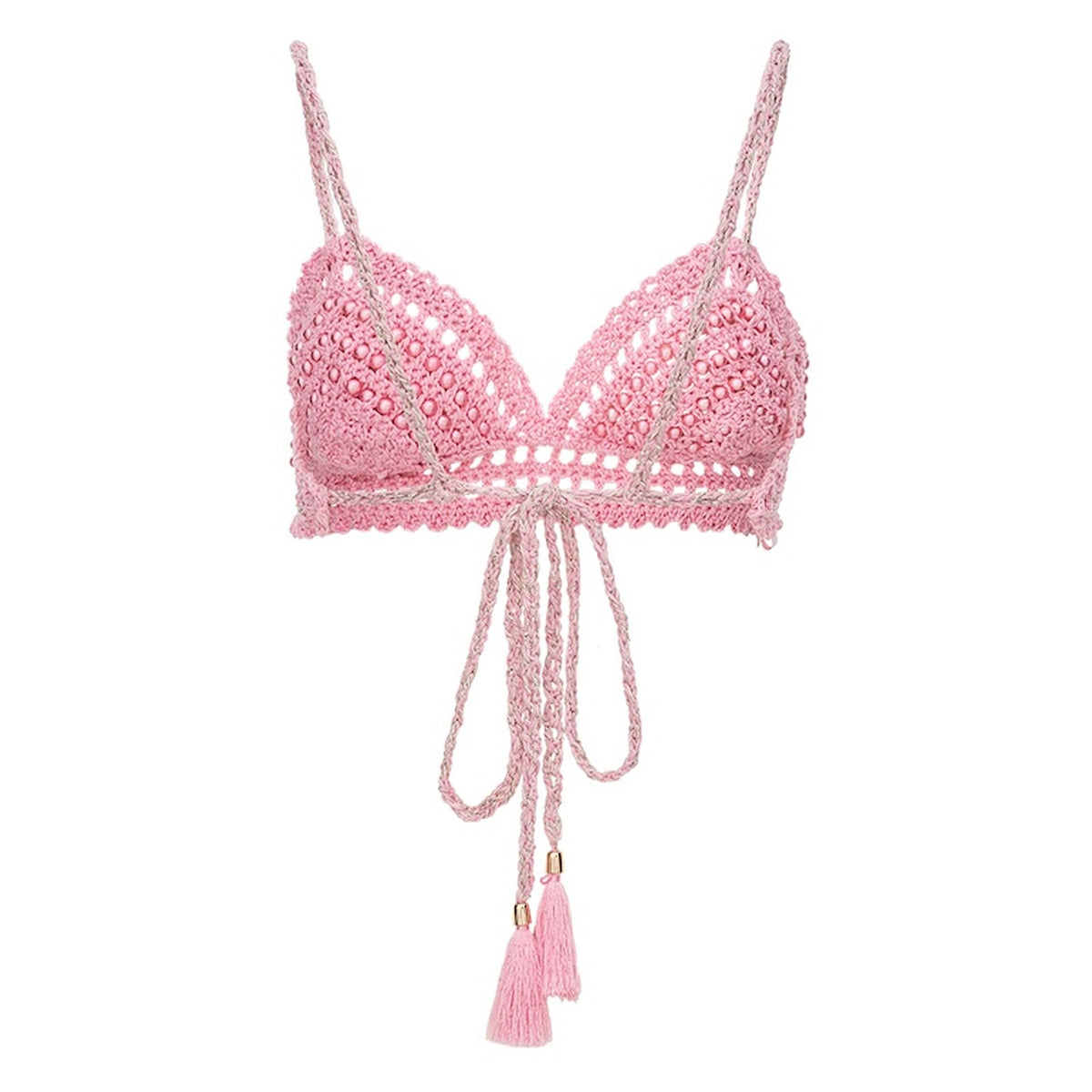 The ANDREEVA Pink Pearl Handmade Crochet Bra features thin straps, detailed open-weave design, and long braided tassel ties with gold accents—crafted from premium Brazilian yarn for stylish resort wear.
