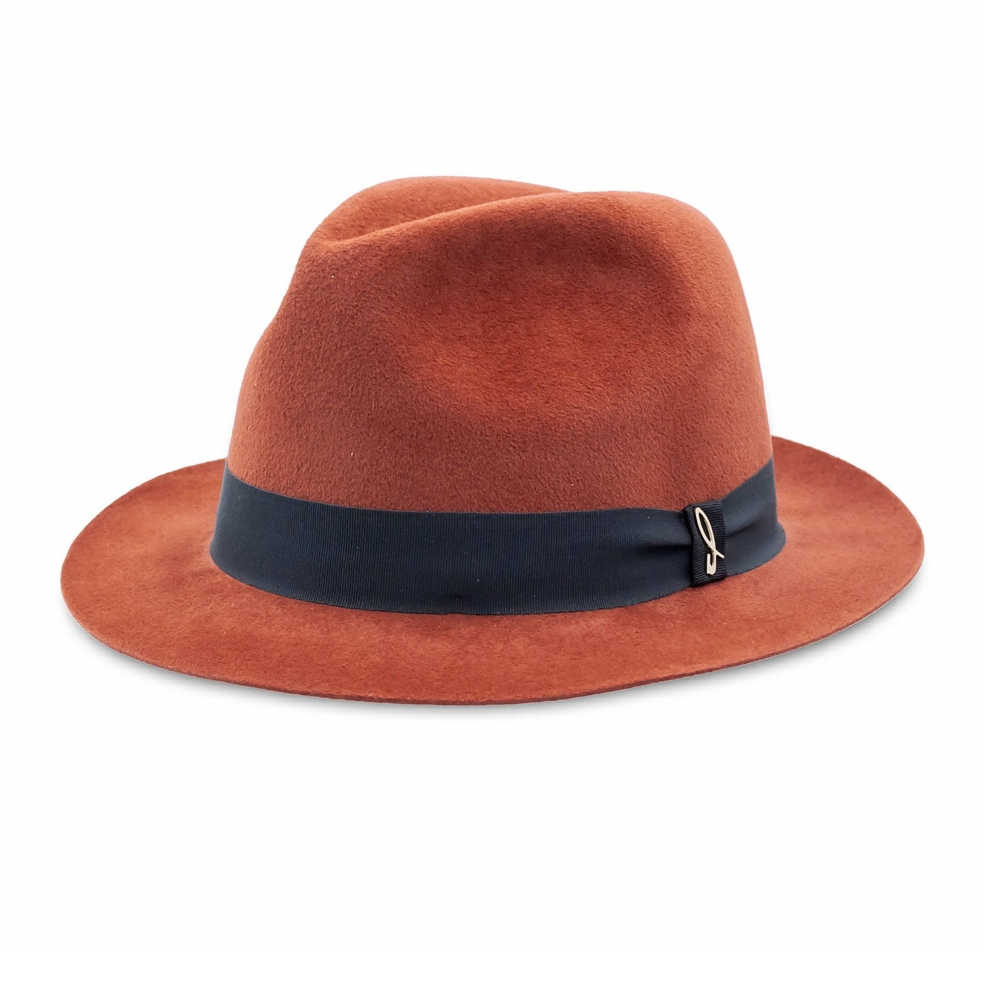 Brown fedora hat with a black band on a white background
