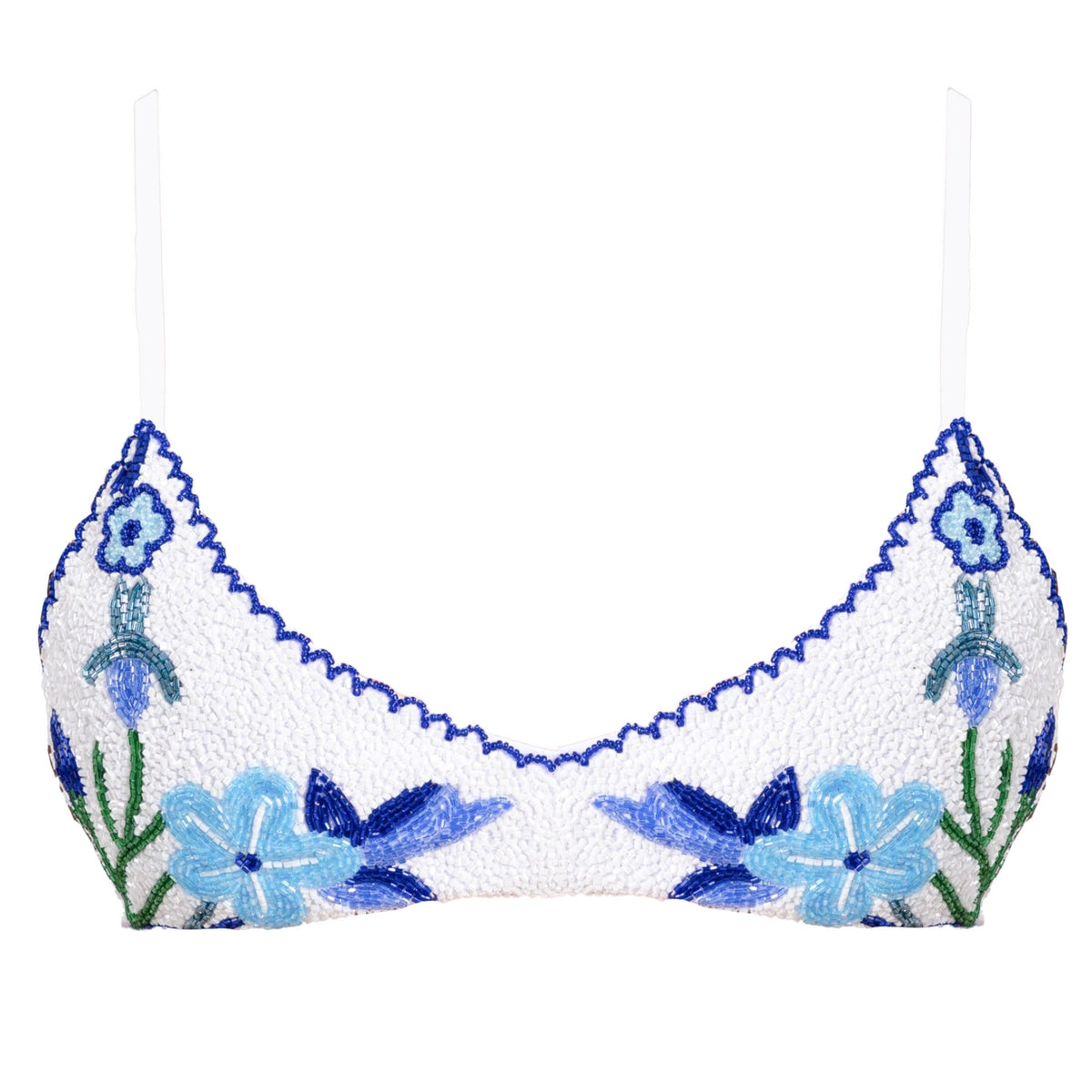 The Euro Summer Hand-Beaded Embellished Bikini Top | Blue by SELF-ADORE features blue and turquoise floral beading on a white base with thin straps—capturing the essence of European summer swimwear.