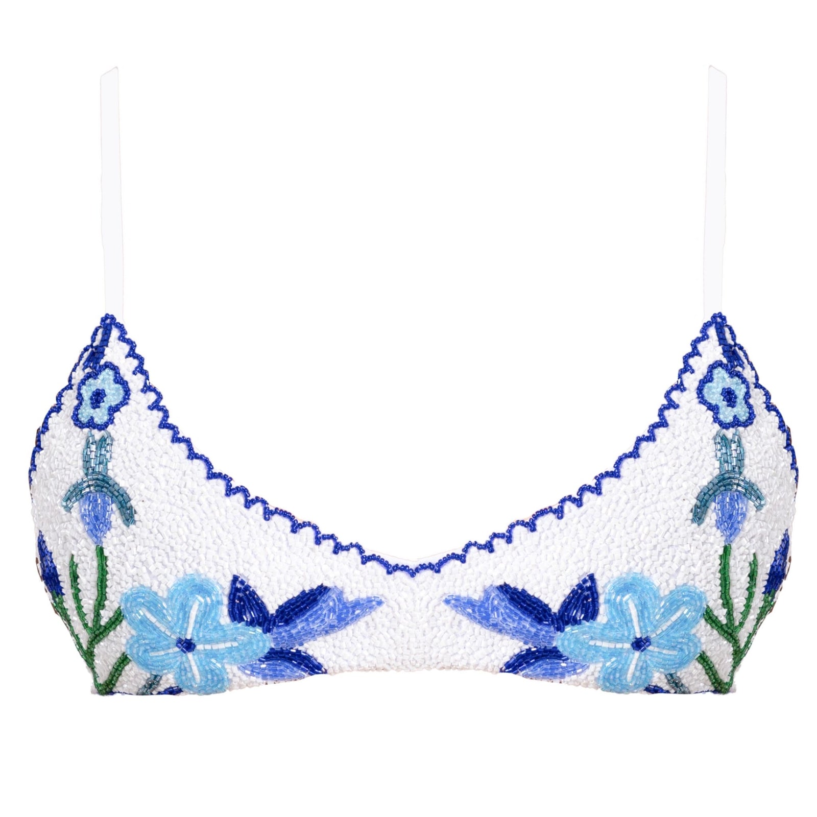 The Euro Summer Hand-Beaded Embellished Bikini Top | Blue by SELF-ADORE features blue and turquoise floral beading on a white base with thin straps—capturing the essence of European summer swimwear.