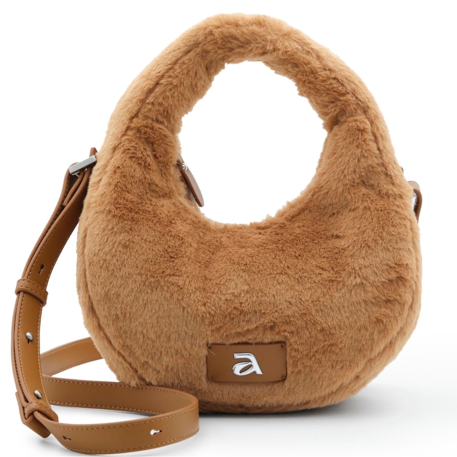 Brown fluffy handbag with a strap on a white background