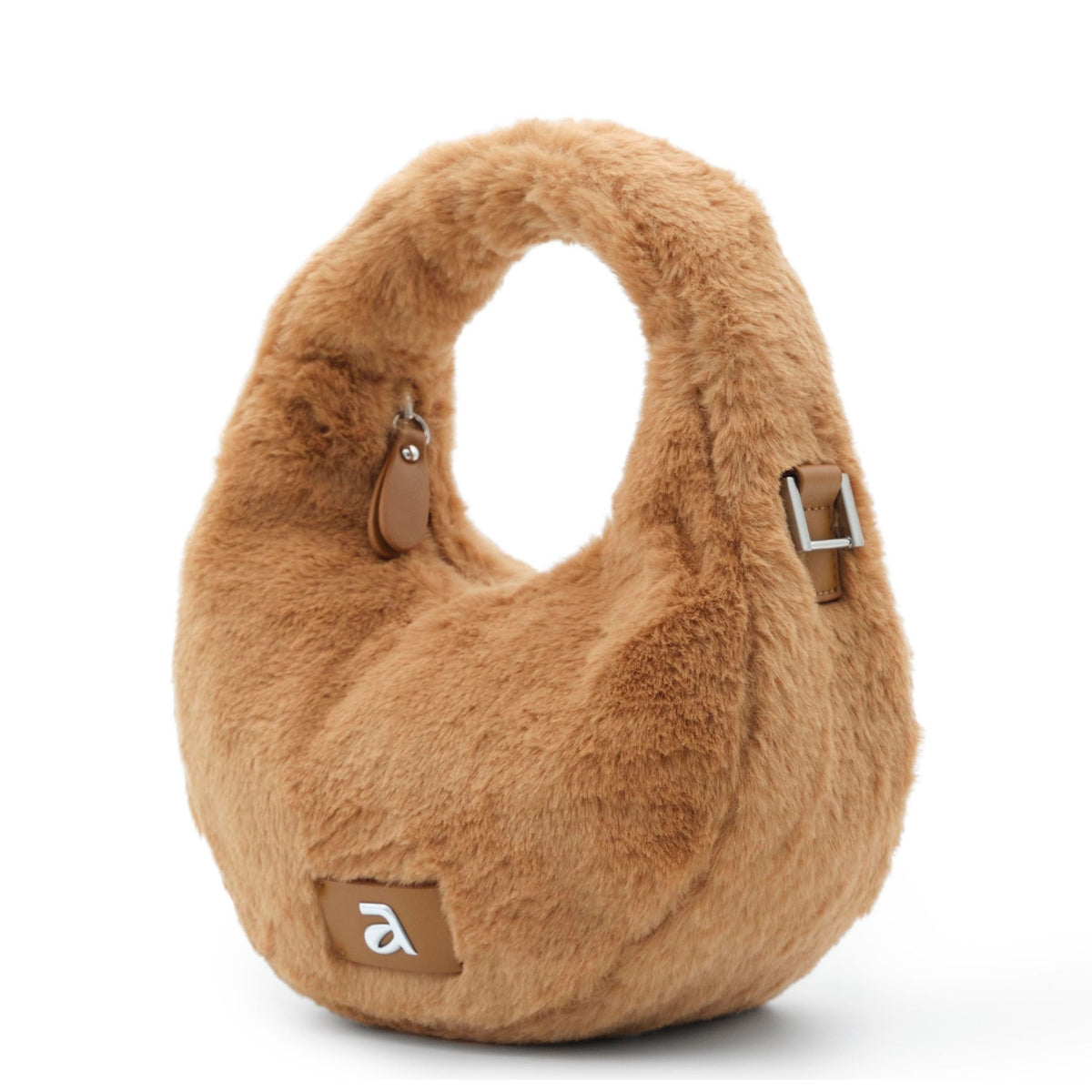 Brown fur handbag with a visible brand logo on a white background