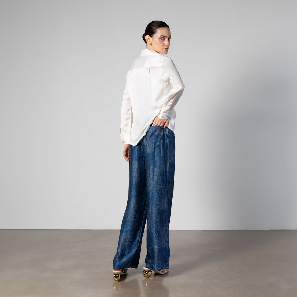 Silk Wide-Leg Jeans with Contrast Stitching