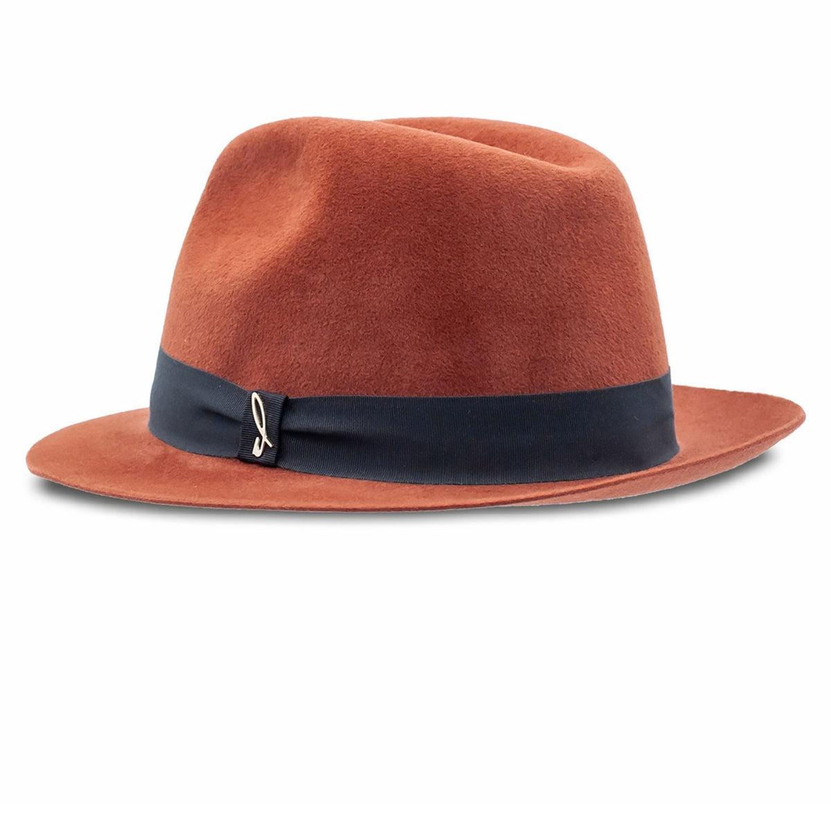 Brown fedora hat with a navy band on a white background