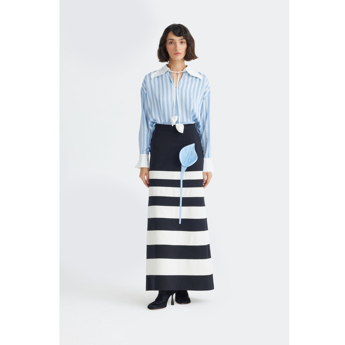 Smart Elegance – Silk-Touch Striped Long-Sleeve Blouse | Light Blue