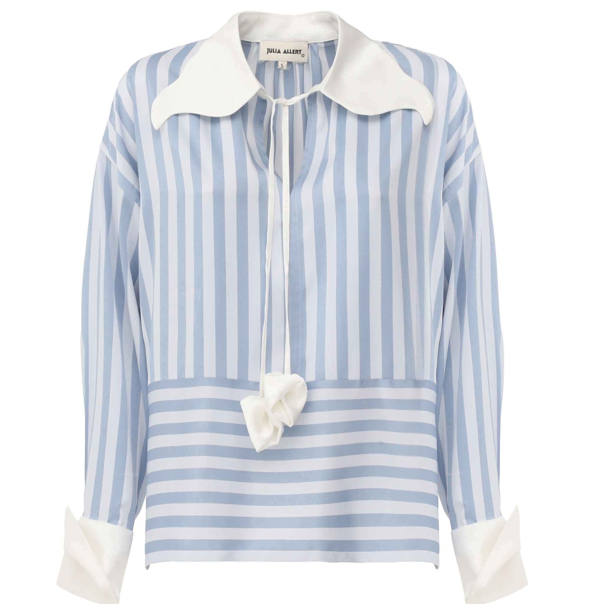 The JULIA ALLERT Smart Elegance Silk-Touch Striped Long-Sleeve Blouse in Light Blue features vertical and horizontal blue and white stripes, an oversized white collar, white cuffs, and a necktie with decorative fabric accents.