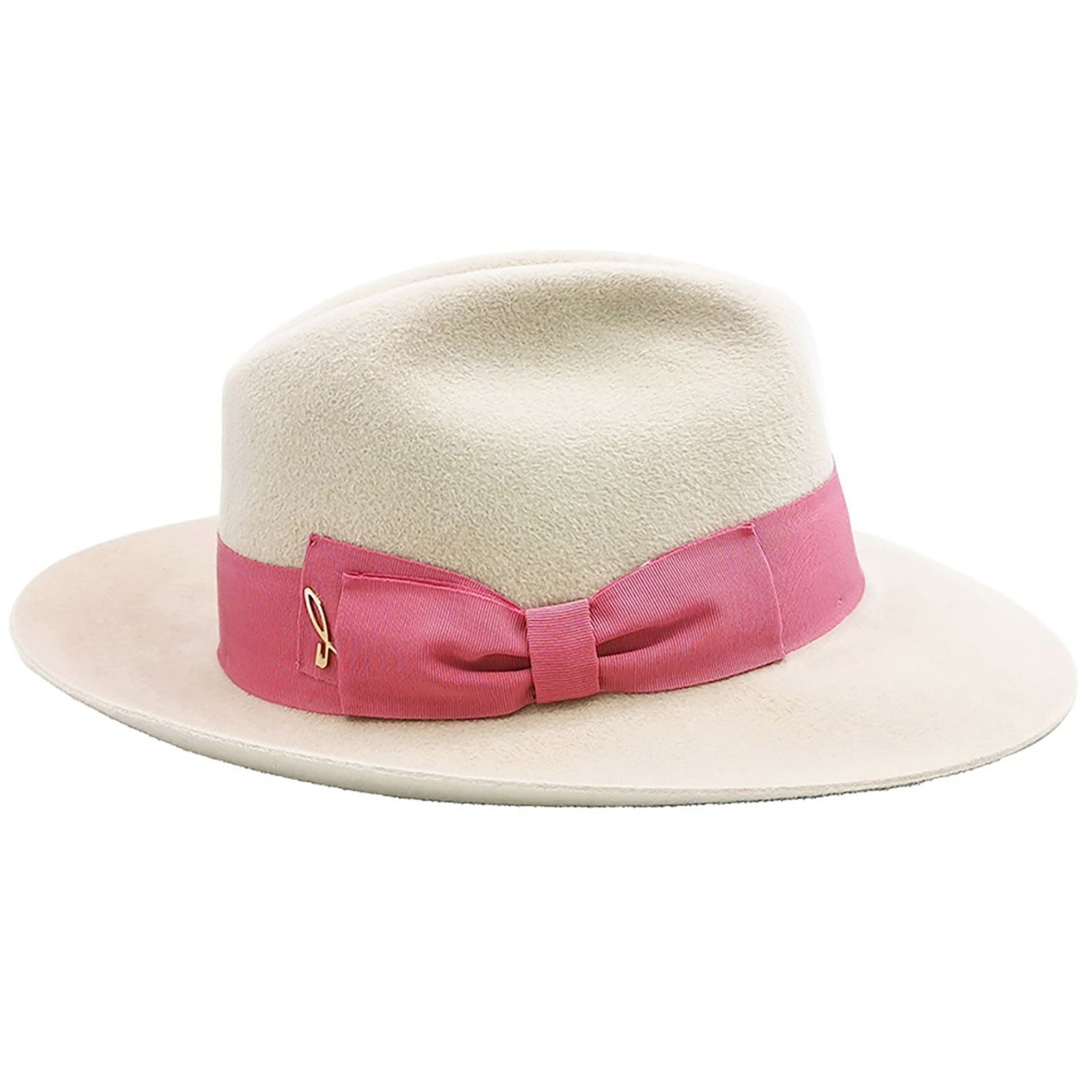 Beige hat with a pink band on a white background