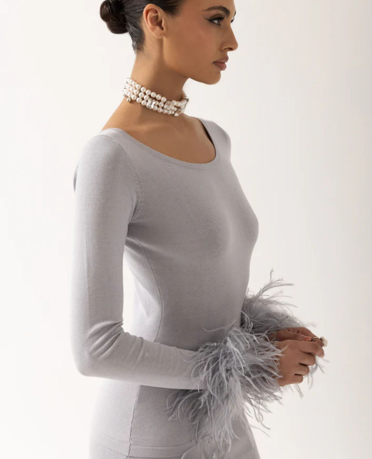 ANDREEVA - Grey Knit Skirt With Feathers, buy at DOORS NYC