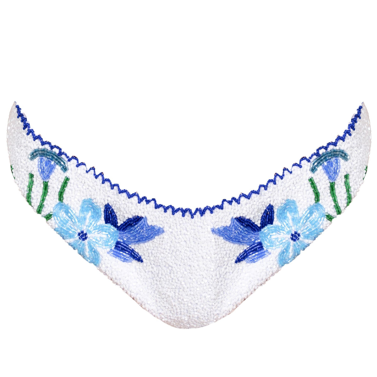 The SELF-ADORE Euro Summer Hand-Beaded Embellished Bikini Bottom features a textured white fabric with blue and light blue floral embroidery, green stems, and a zigzag blue trim in a curved V shape—evoking chic European summer style.