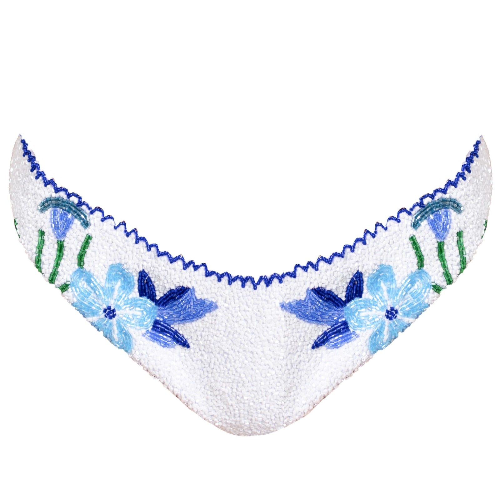 The SELF-ADORE Euro Summer Hand-Beaded Embellished Bikini Bottom features a textured white fabric with blue and light blue floral embroidery, green stems, and a zigzag blue trim in a curved V shape—evoking chic European summer style.