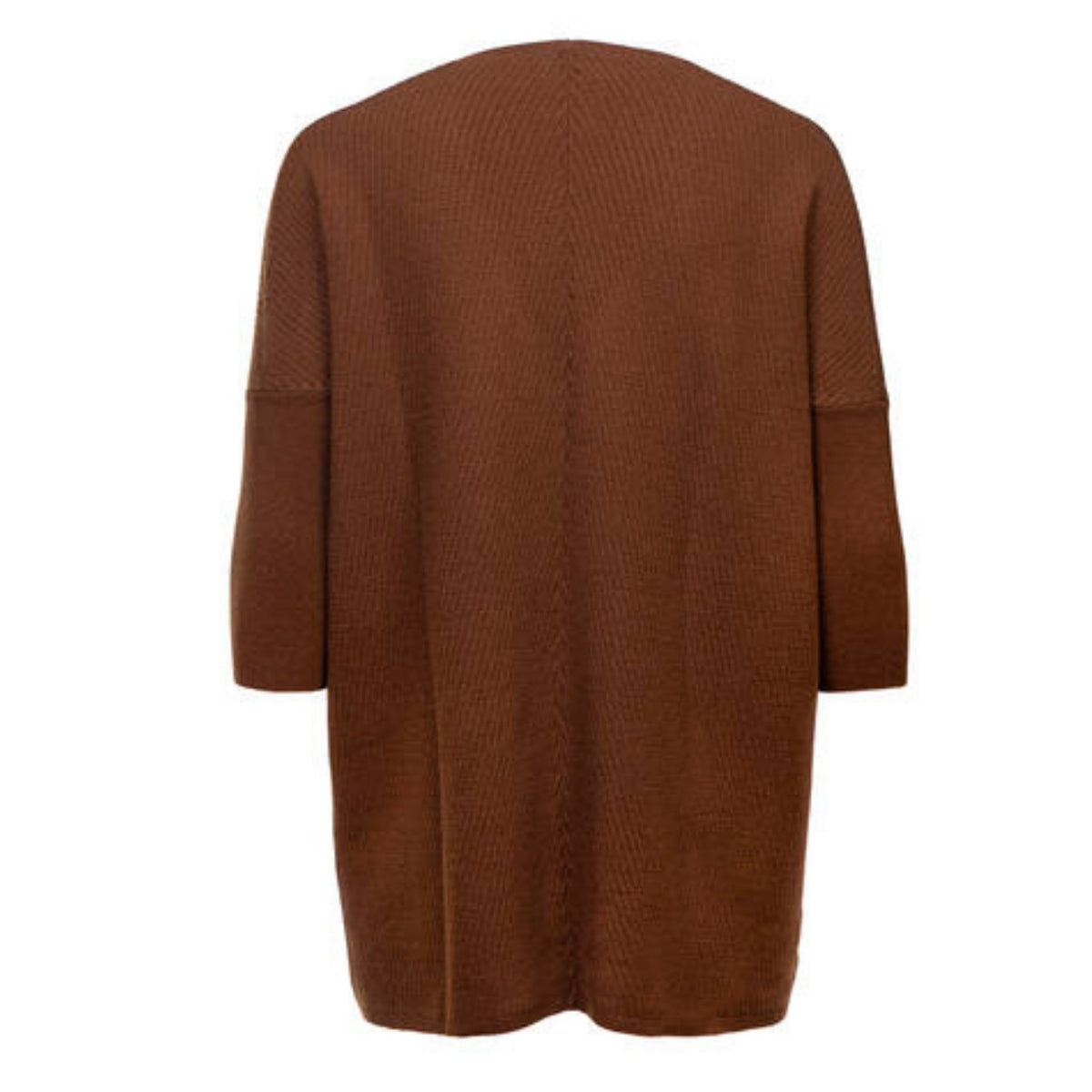 The Syrup Brown Lillien Open Cardigan by OO-TO is shown from the back against a white background. This loose-fit, knee-length cashmere cardigan features long sleeves and an open front with no visible closures or embellishments.