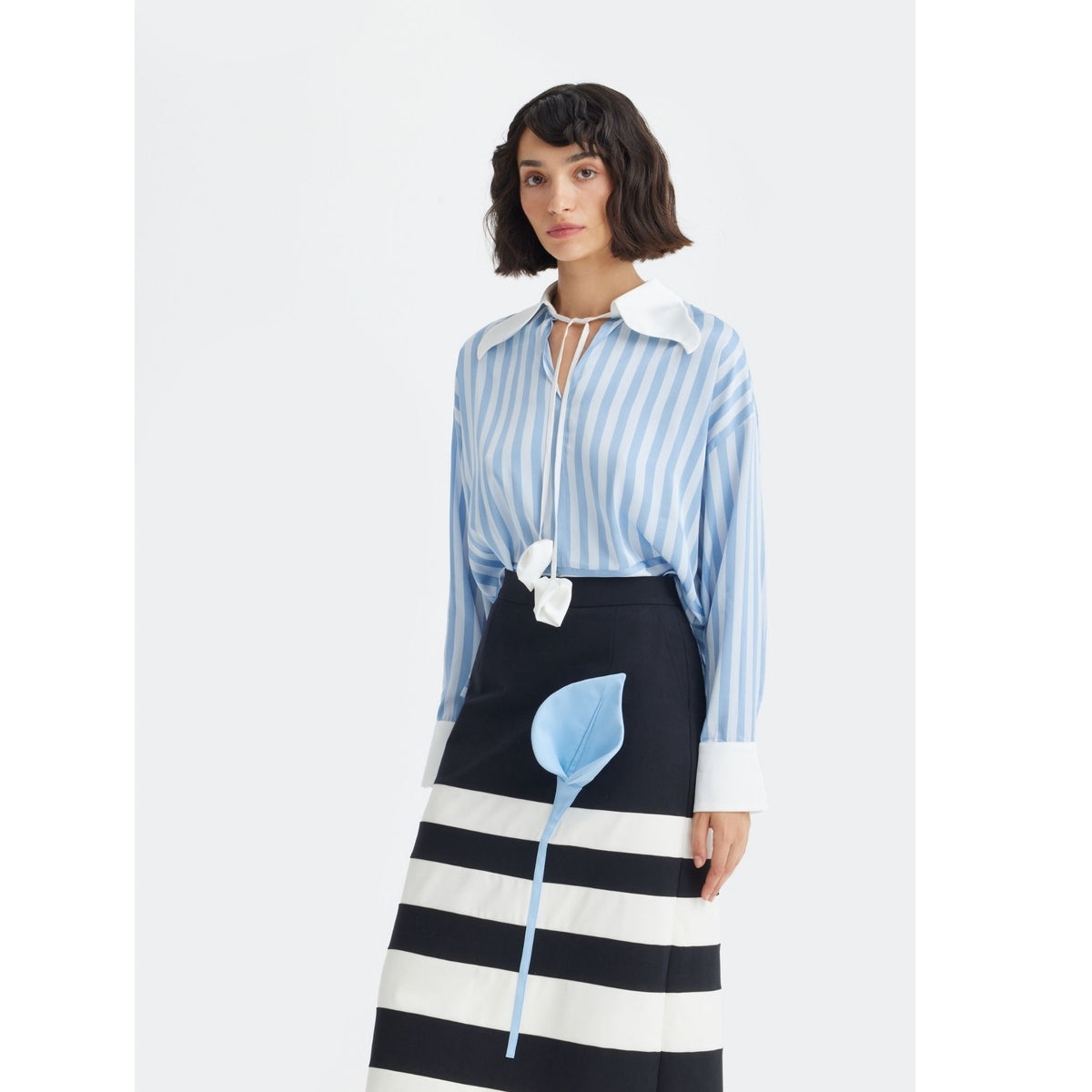 Smart Elegance – Silk-Touch Striped Long-Sleeve Blouse | Light Blue
