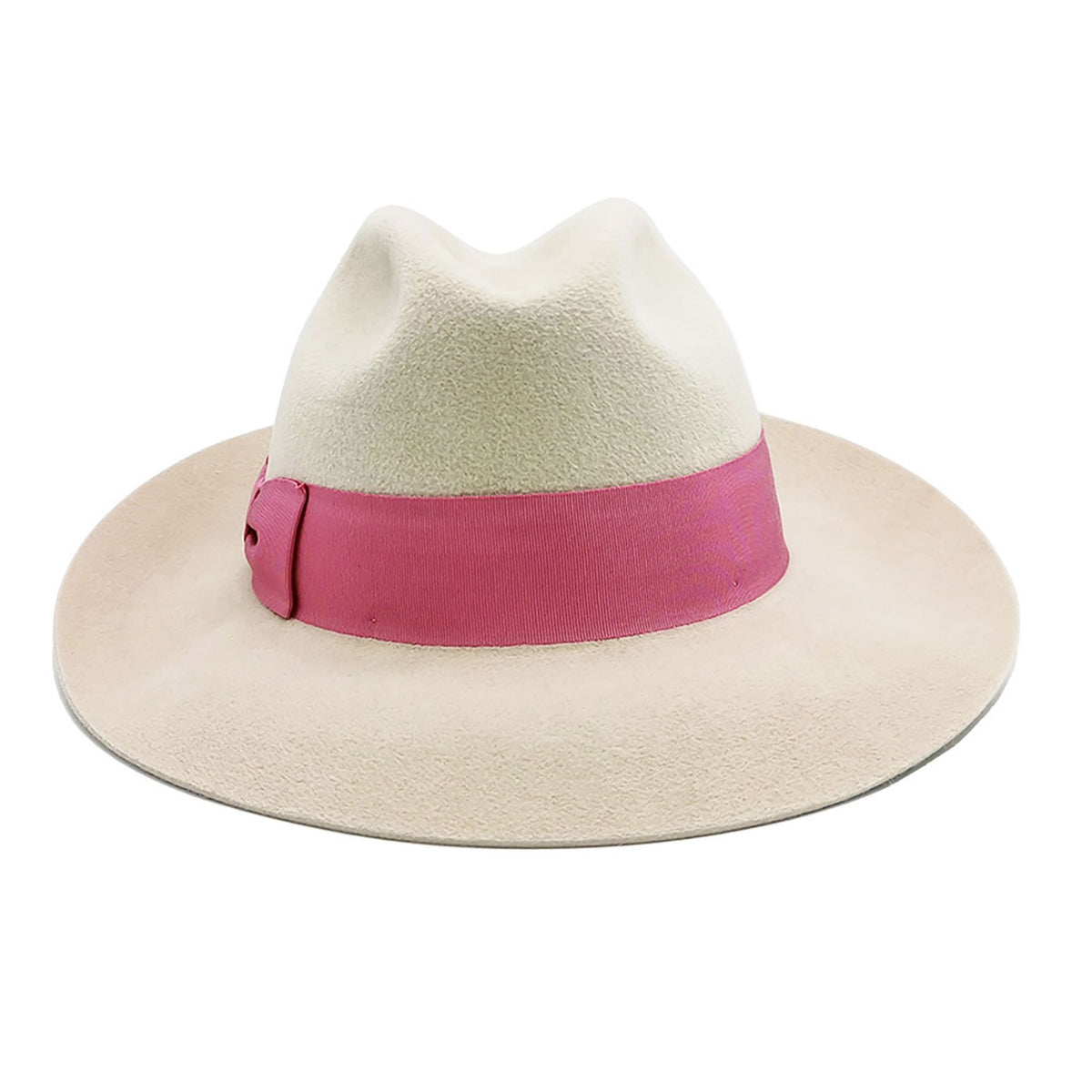 Beige hat with a pink band on a white background