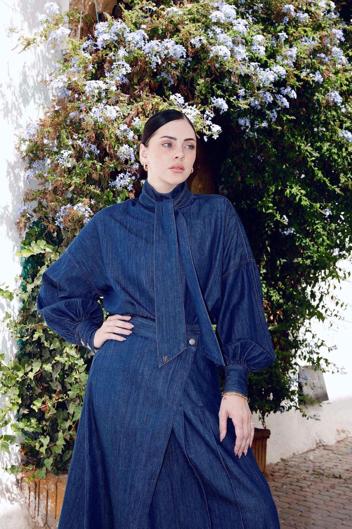 SOEUR &amp; FRÈRES - Dark Blue Denim Bow-Tie Shirt, worn, PR Sample at DOORS NYC PR showroom