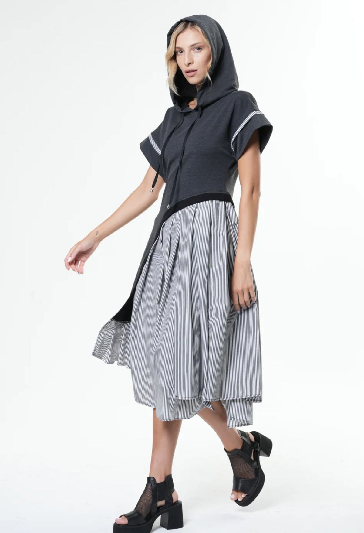 METAMORPHOZA - Asymmetric Hooded Dress With Short Sleeves In Gray | PR Sample at DOORS NYC