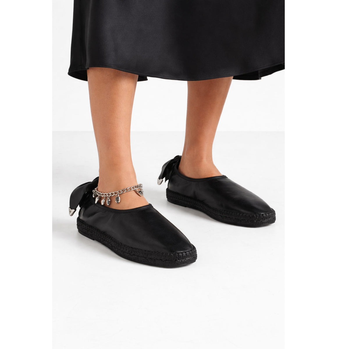 Black Leather Espadrille Slip-On with Chain