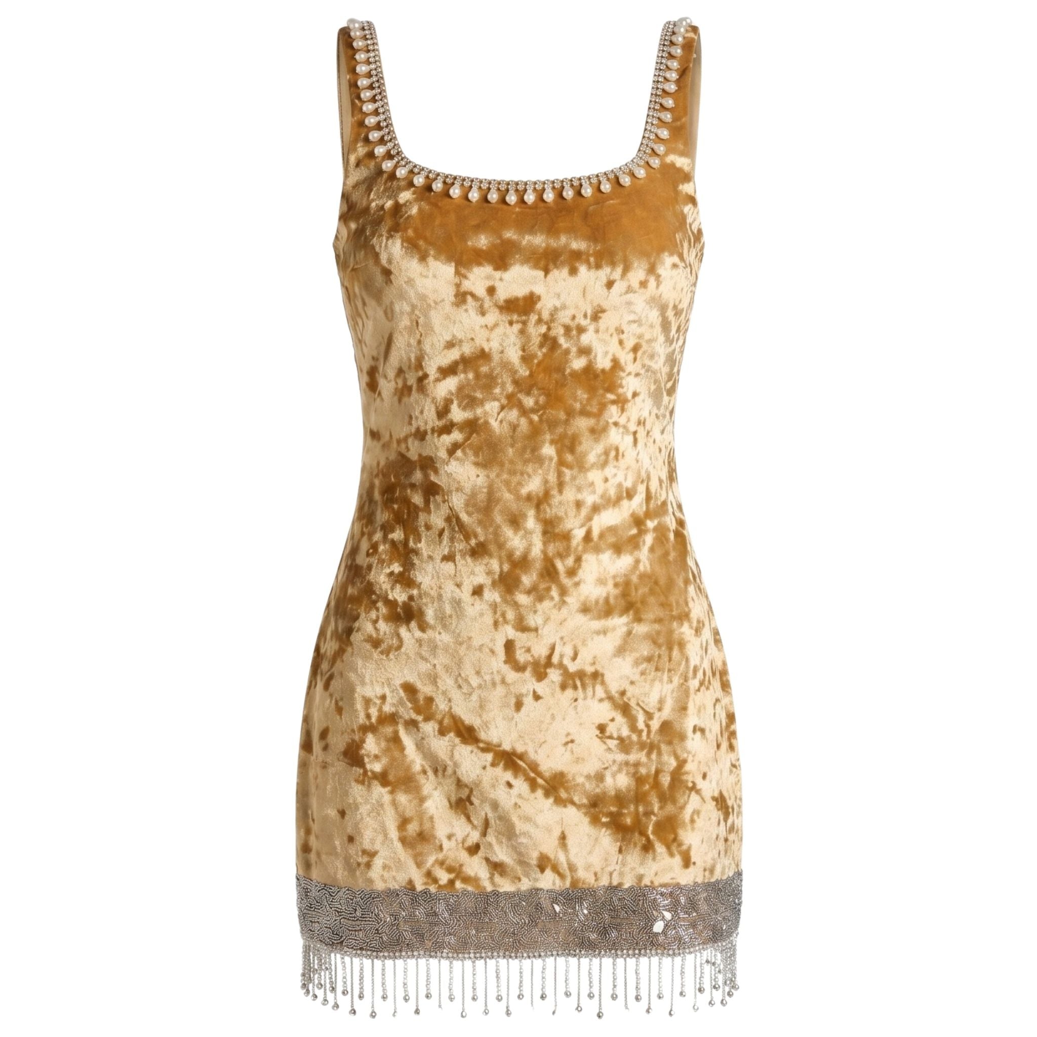 The Mustard Velvet Pearl Mini Dress by INTERNATIONAL APPEAL is a sleeveless mini featuring a scoop neckline with pearl-like beads and silver fringe trim—perfect as a stunning cocktail evening dress.