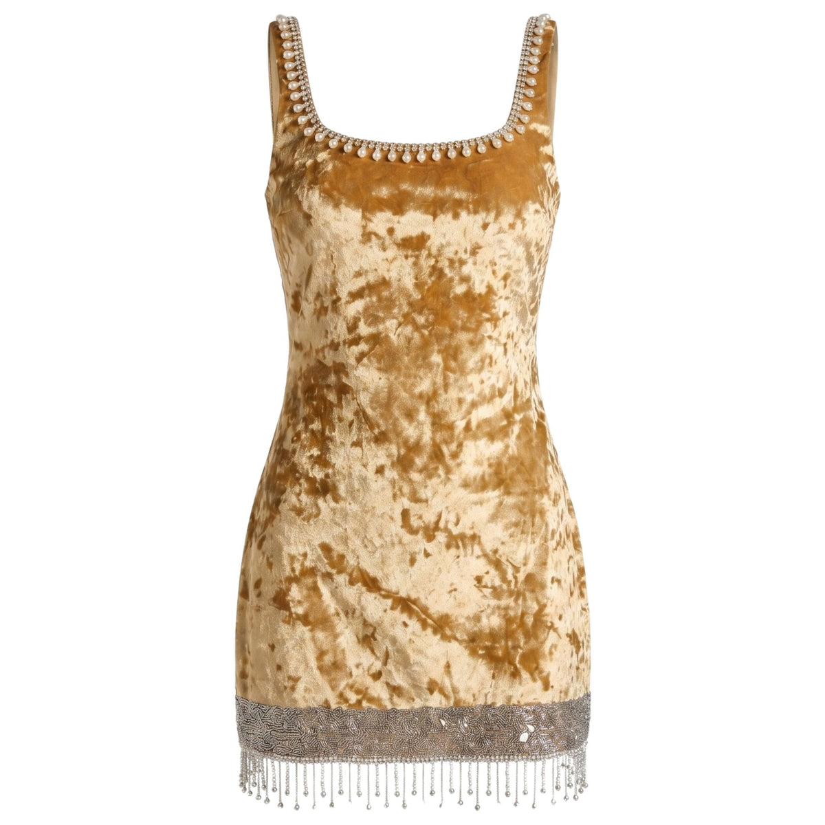 The Mustard Velvet Pearl Mini Dress by INTERNATIONAL APPEAL is a sleeveless mini featuring a scoop neckline with pearl-like beads and silver fringe trim—perfect as a stunning cocktail evening dress.