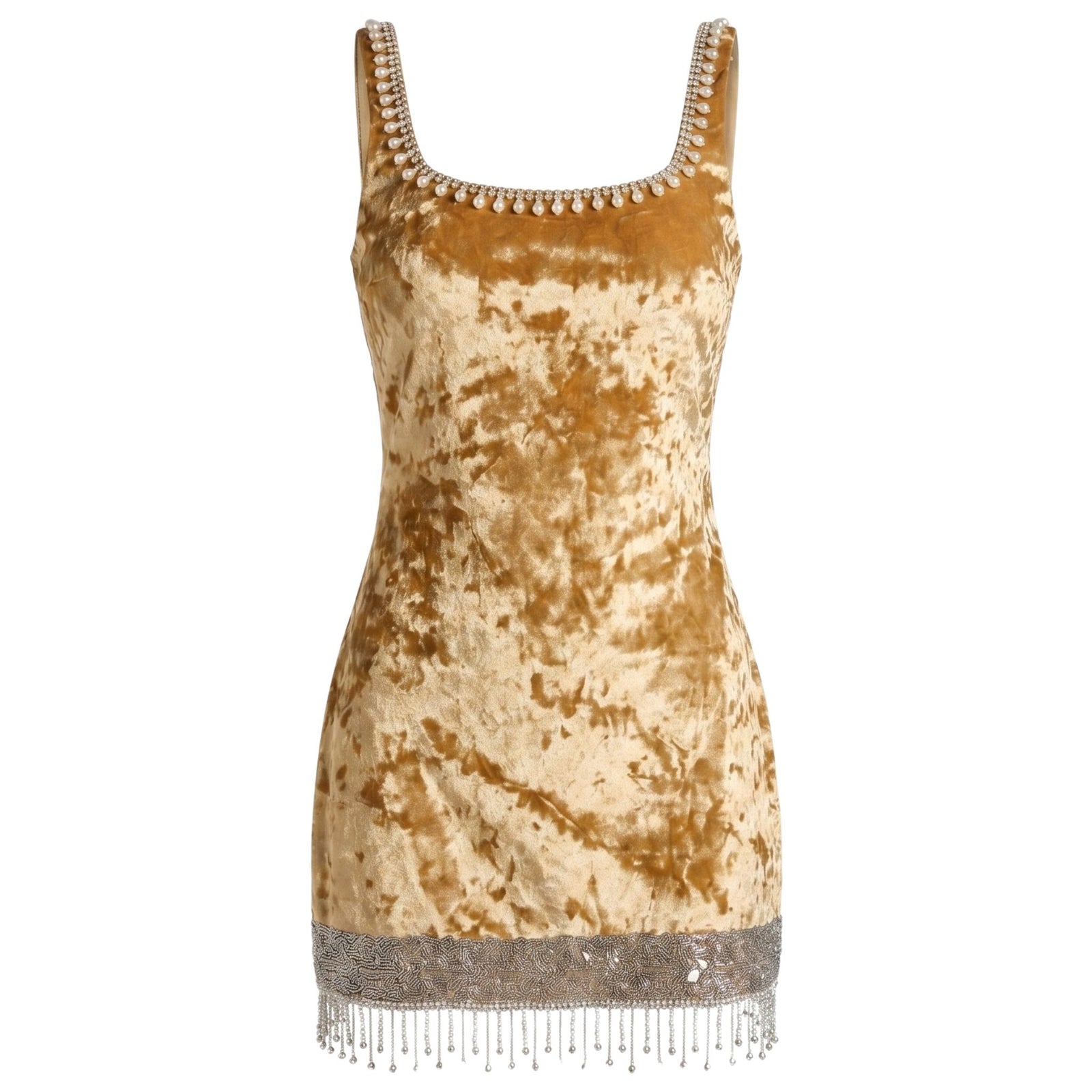 The Mustard Velvet Pearl Mini Dress by INTERNATIONAL APPEAL is a sleeveless mini featuring a scoop neckline with pearl-like beads and silver fringe trim—perfect as a stunning cocktail evening dress.