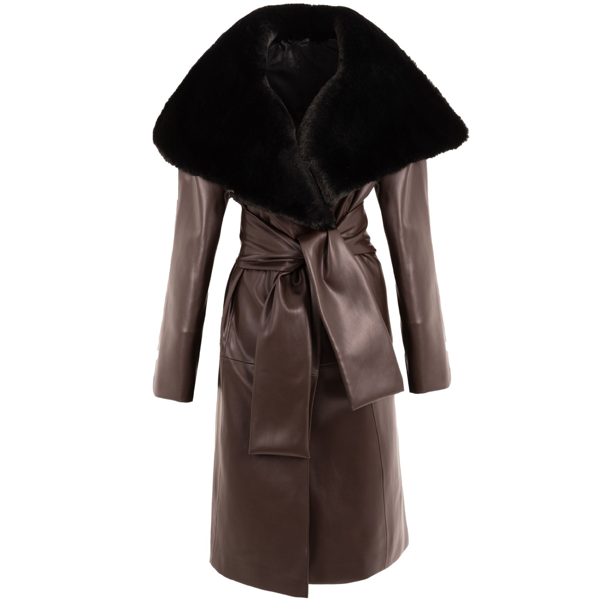 The KRIS MARÁN Leather Trench Coat With Fur Collar features brown leather, a wide black fur collar, and a matching brown belt tied at the waist.