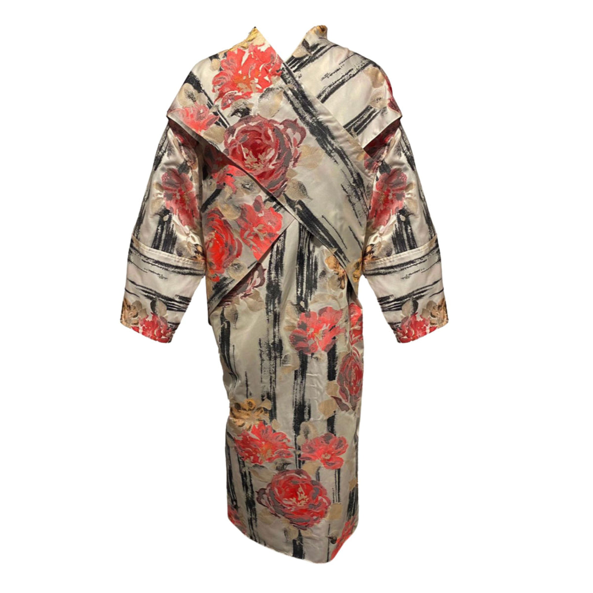 OTKUTYR - Floral Jacquard Midi Trench Coat with Asian Collar, buy at DOORS NYC