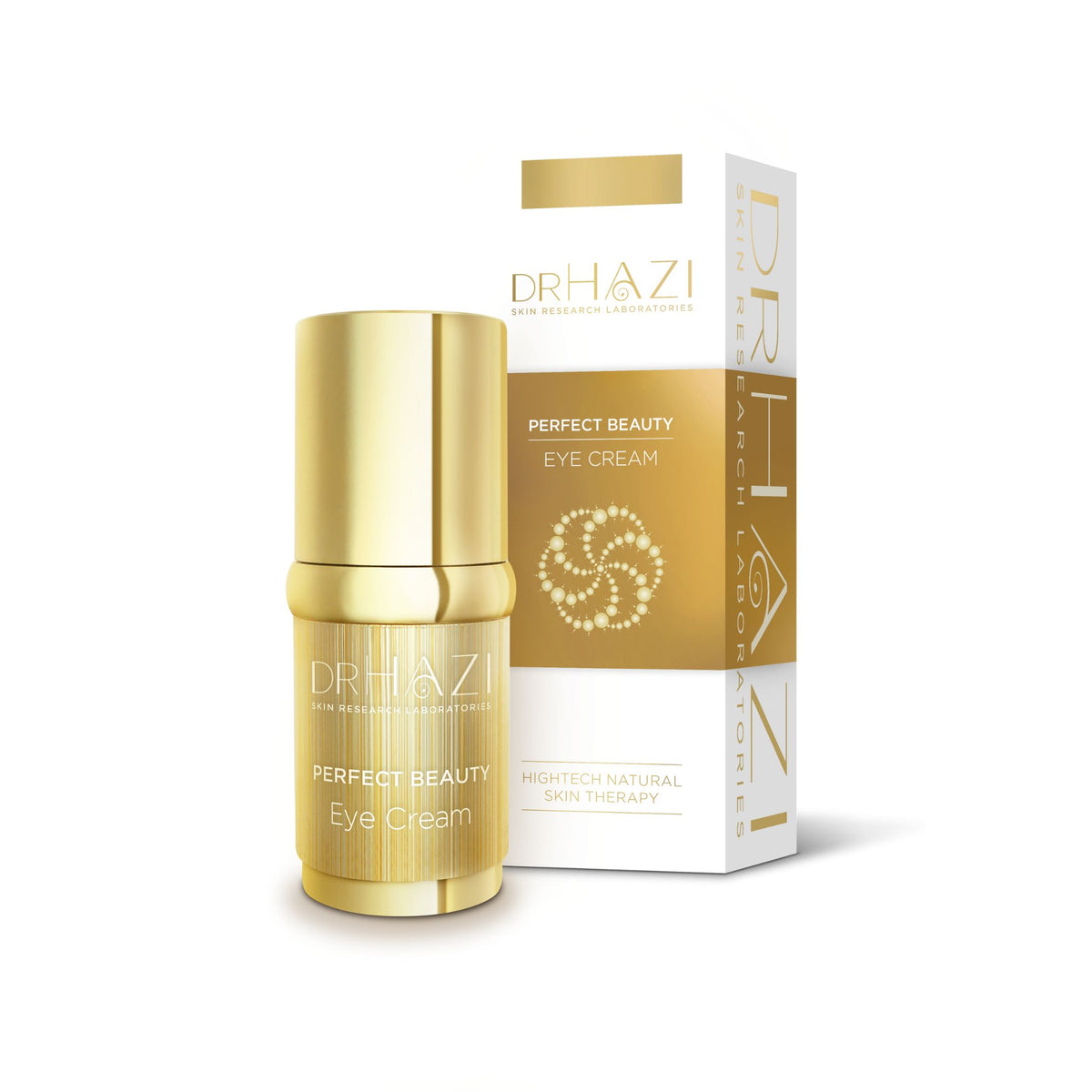 Gold eye cream bottle and packaging with &#39;Dr Hazi&#39; branding on a white background