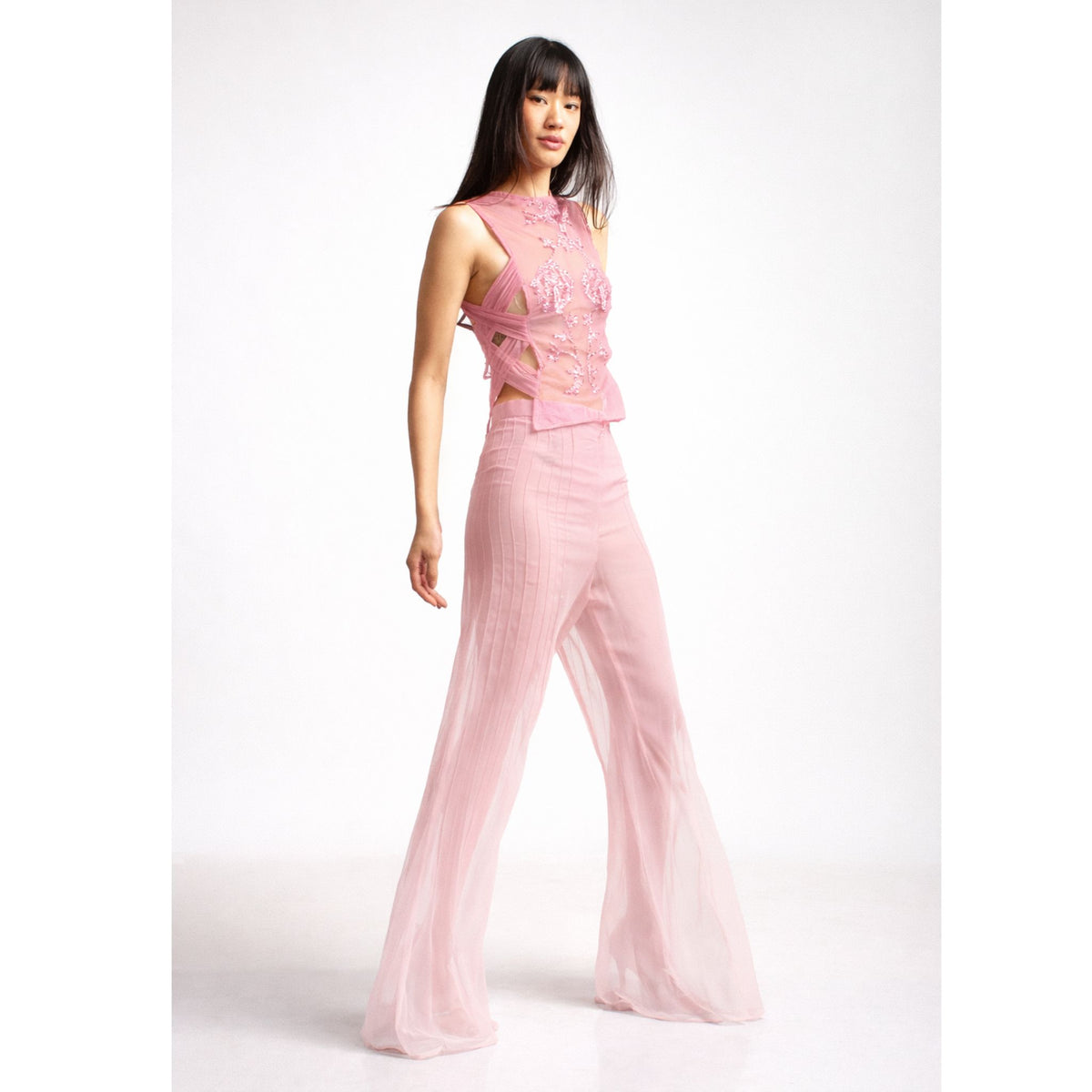Sheer Pin Tuck Trousers | Pink