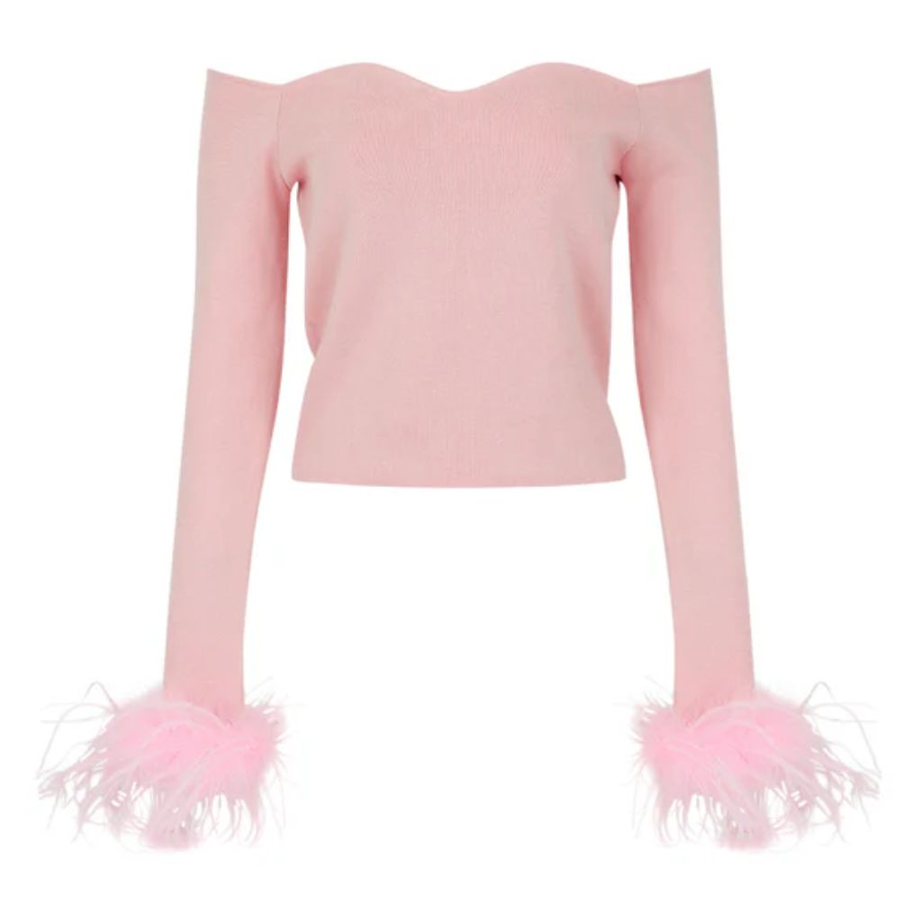 ANDREEVA - Powder Pink Vanilla Knit Top With Detachable Feather Cuffs, buy at DOORS NYC