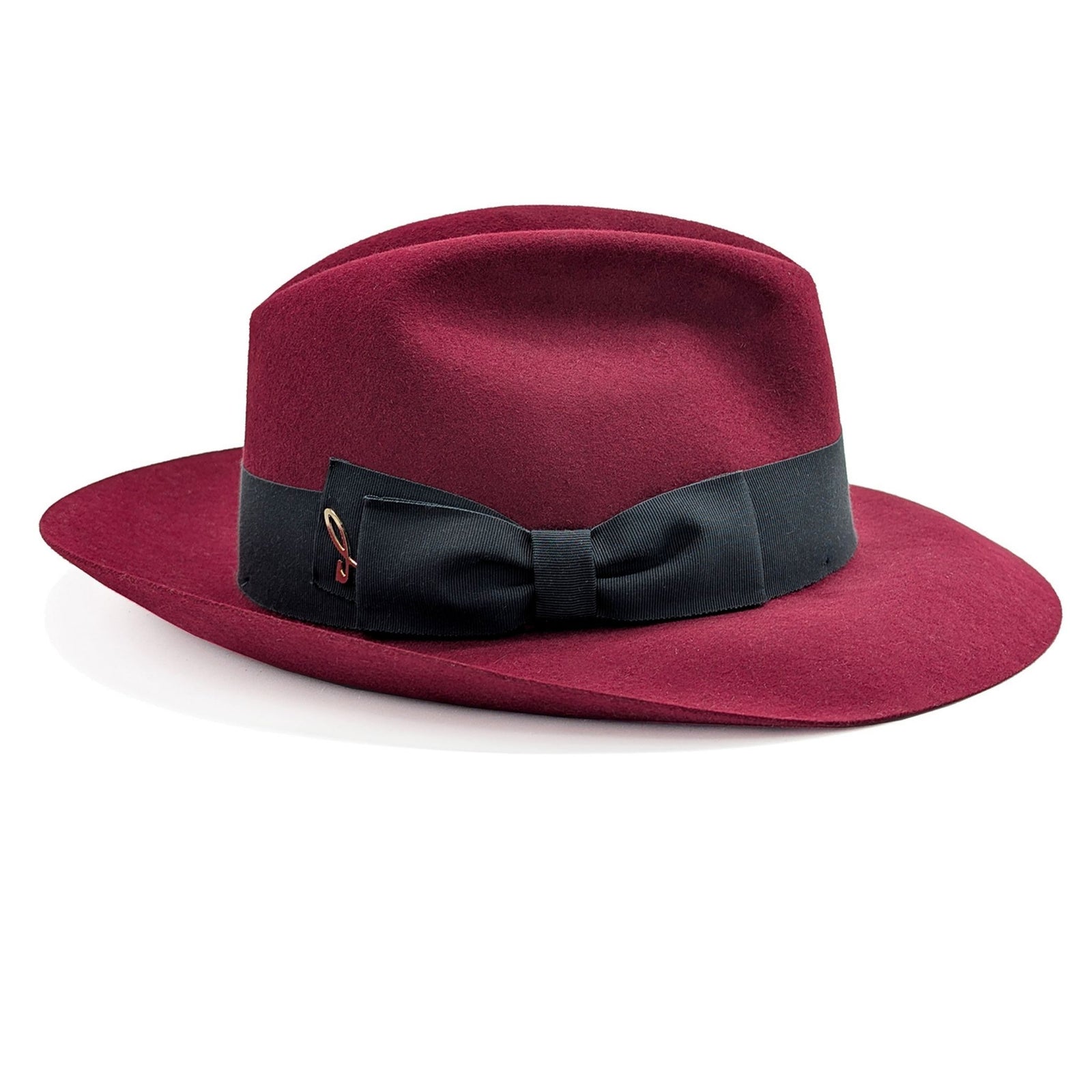 Red fedora hat with a black ribbon on a white background