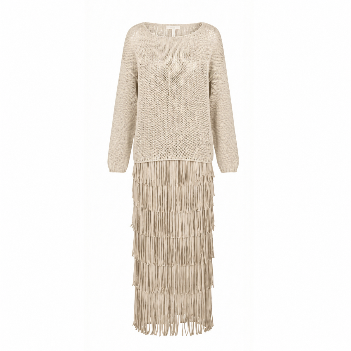 Beige Silk Fringe Skirt &amp; Crochet Top Set