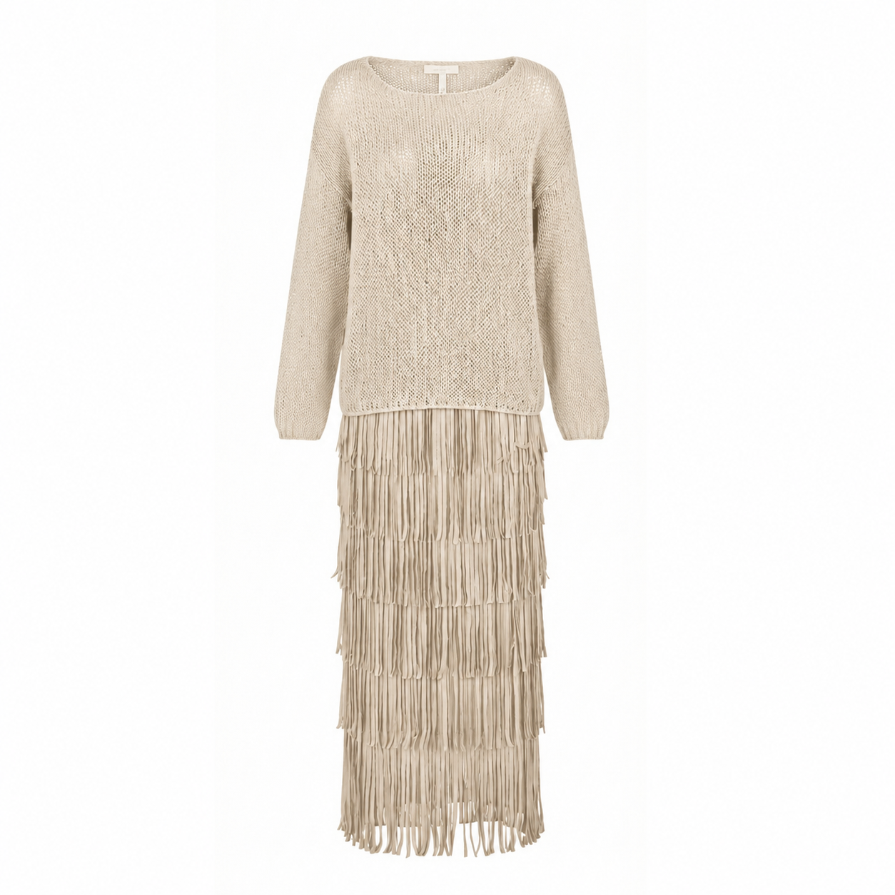 Beige Silk Fringe Skirt & Crochet Top Set
